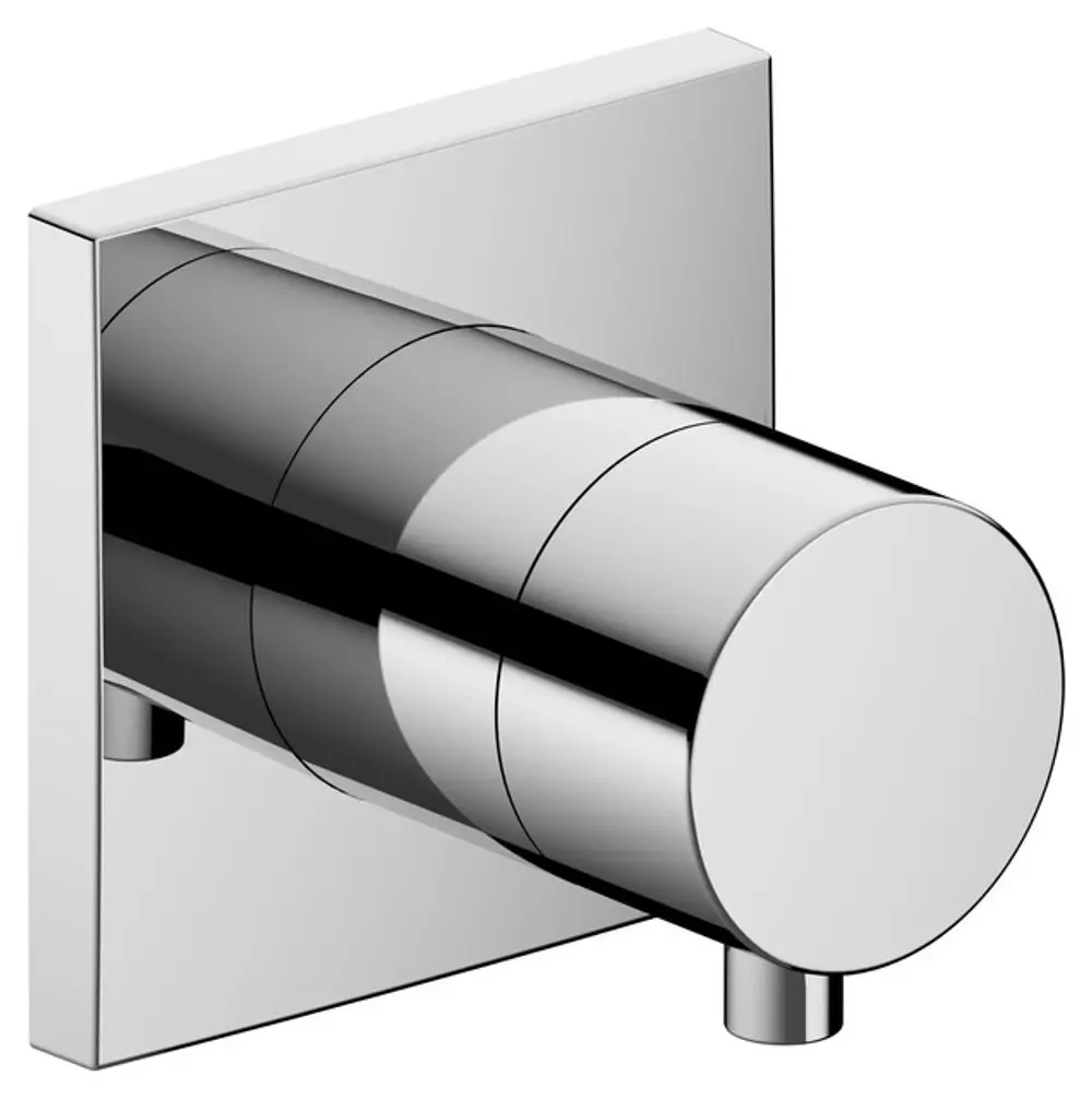 3-Wege Umstellventil in verchromter Ausführung mit eckiger Form, hergestellt von Keuco. Sichtbare Oberflächen aus Metall.